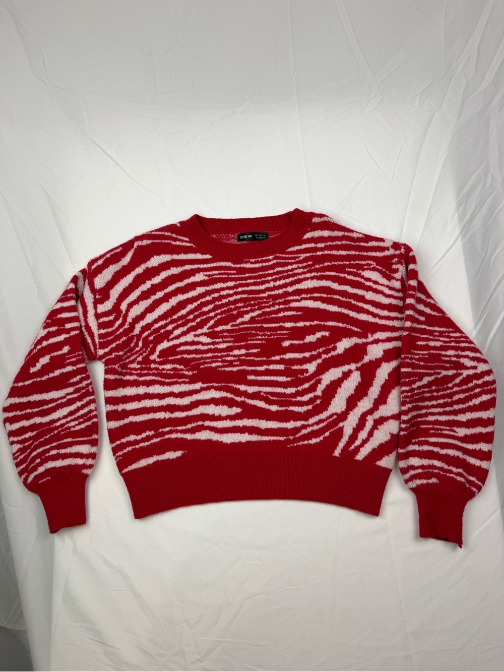 SHEIN Red and White Zebra-Print Crewneck Sweater